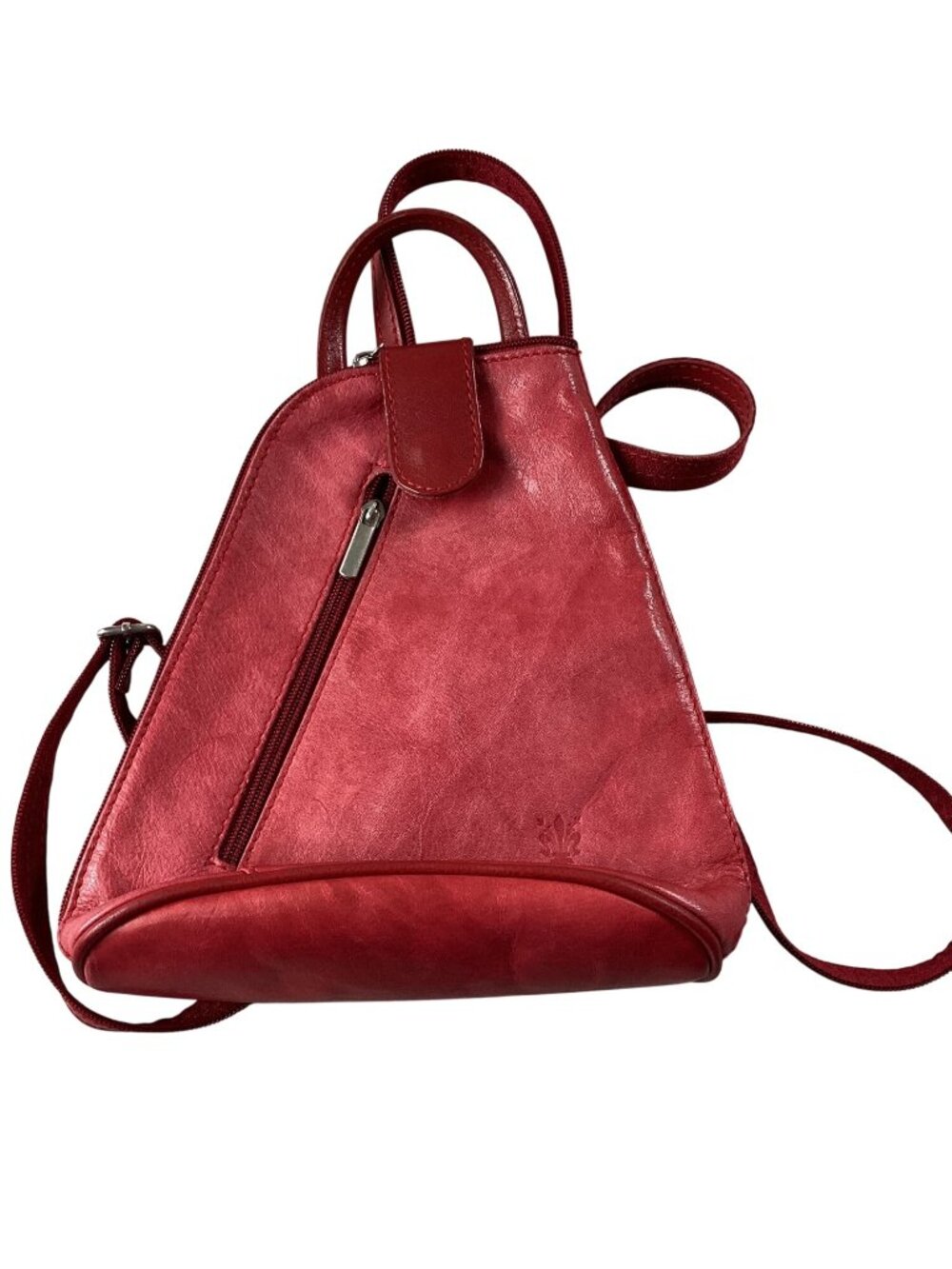 Italian Leather Red Triangular Backpack Purse*Adj Straps*Zip & Magnetic Closure
